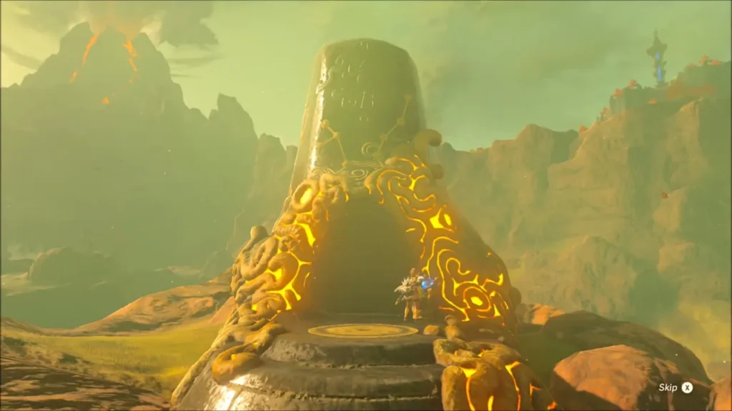 A shrine at the foot of Death Mountain with Link standing at its entrance A shrine at the foot of Death Mountain with Link standing at its entrance