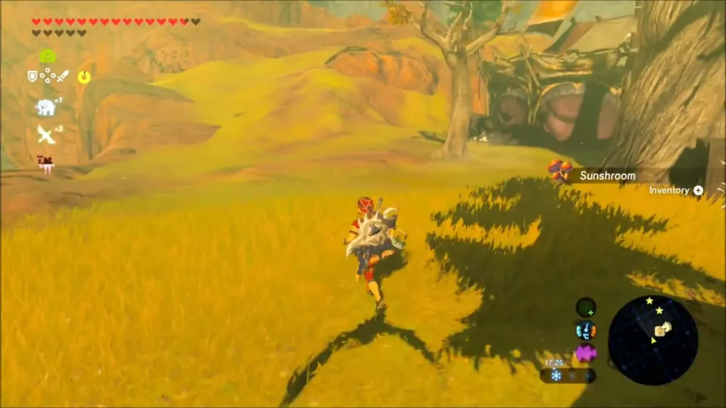 Link running south through yellow grass past a rocky overhang Link running south through yellow grass past a rocky overhang