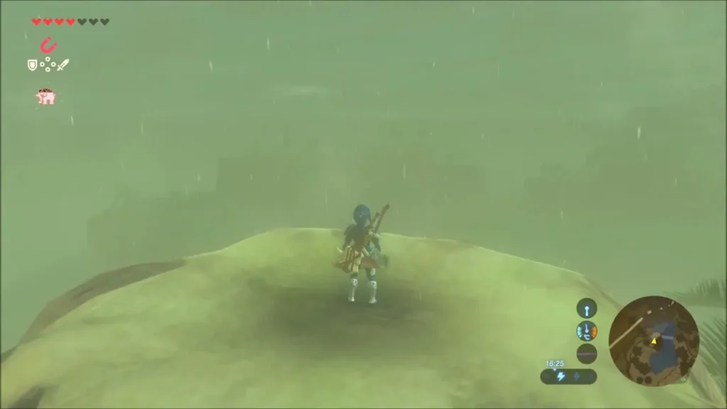 Link standing on top of the rock mound in the storm