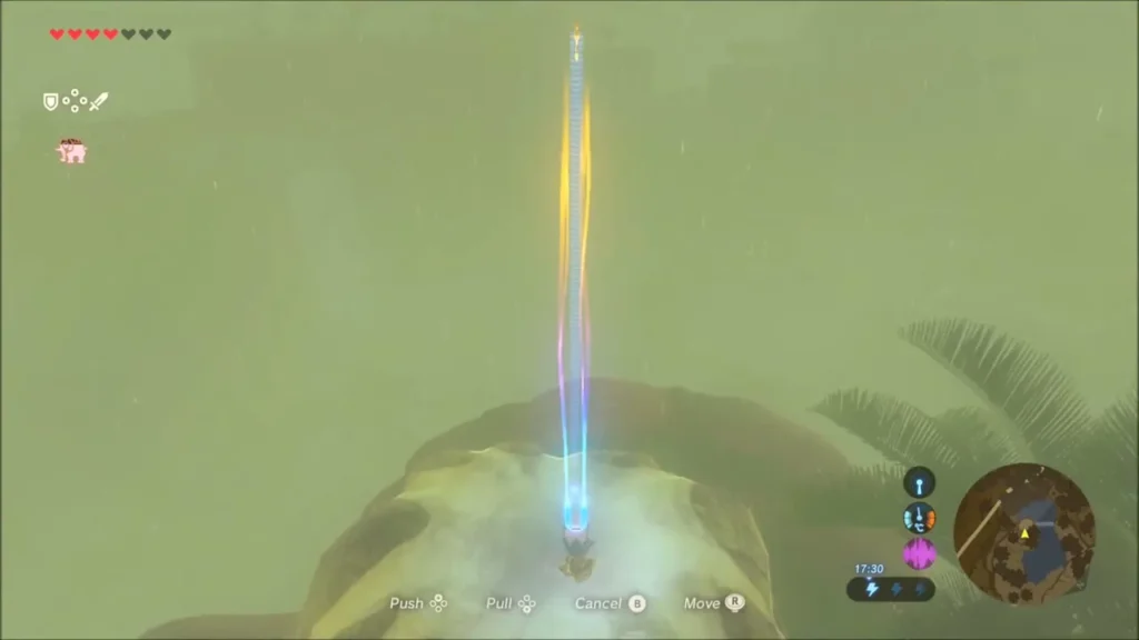 Link using Magnesis to hold a metal weapon above the mound