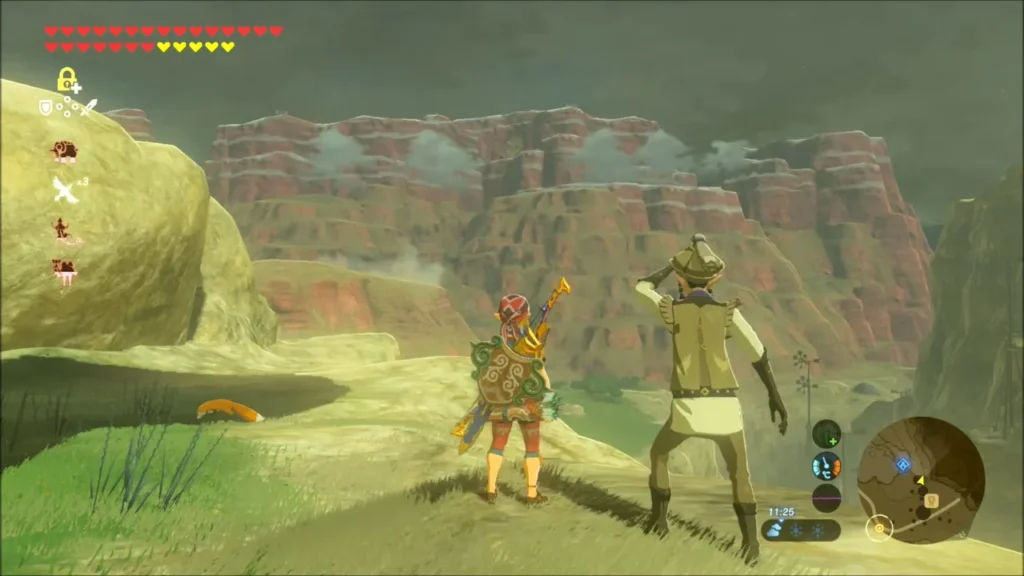 Geggle shading his eyes beside Link, looking out at the red cliffs Geggle shading his eyes beside Link, looking out at the red cliffs