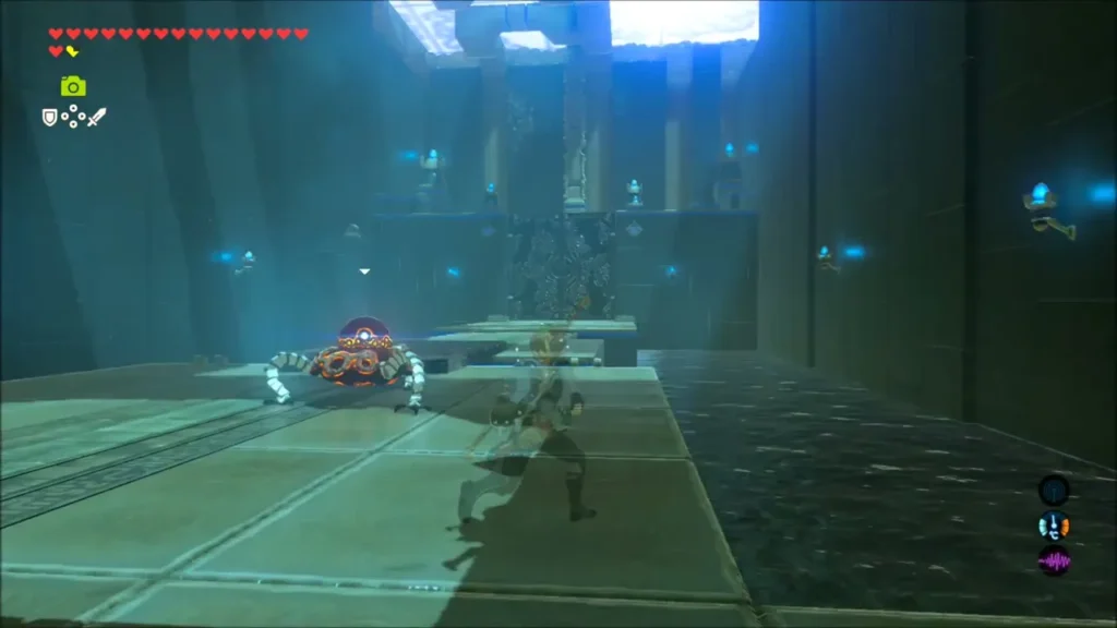 Guardian Scout inside a shrine chamber as Link advances along the floor Guardian Scout inside a shrine chamber as Link advances along the floor
