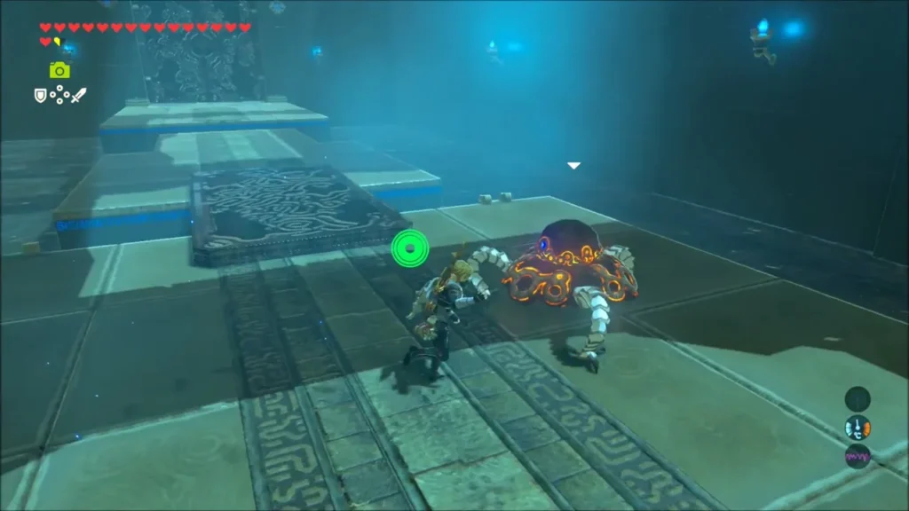 Link facing a glowing orange Guardian Scout inside the shrine Link facing a glowing orange Guardian Scout inside the shrine