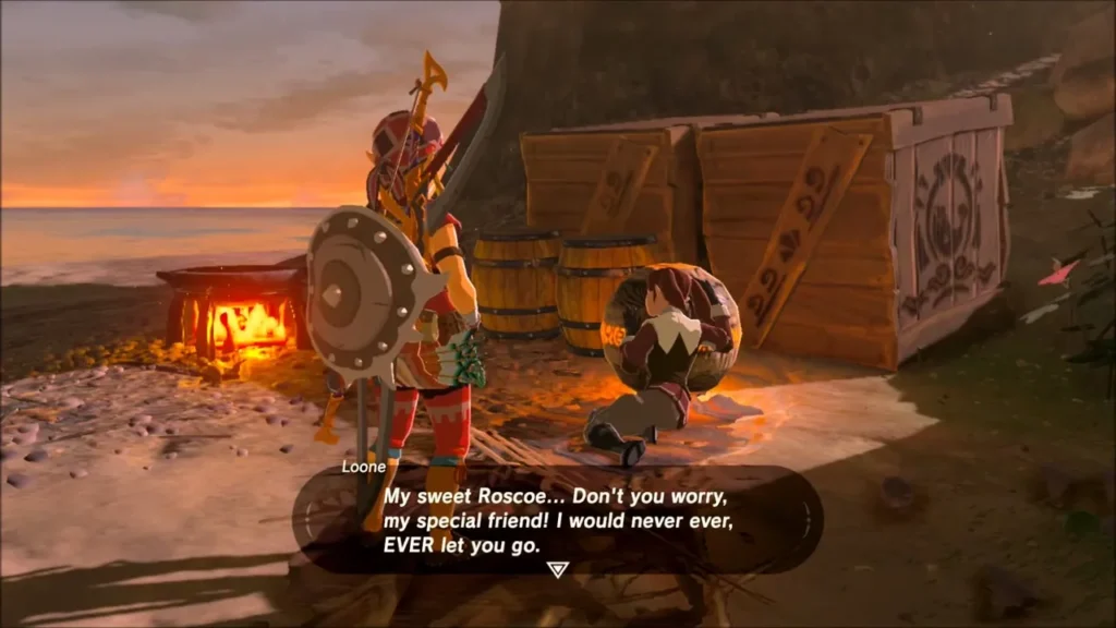 Loone speaking to Link beside her campfire and crates on Puffer Beach Loone speaking to Link beside her campfire and crates on Puffer Beach