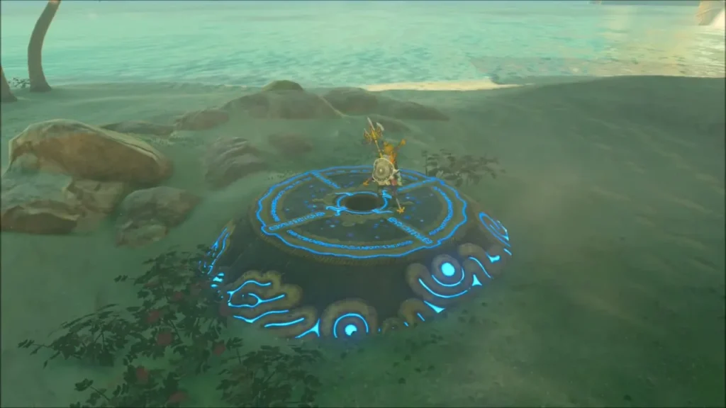 Link standing on the glowing blue Ancient Orb pedestal on the beach Link standing on the glowing blue Ancient Orb pedestal on the beach