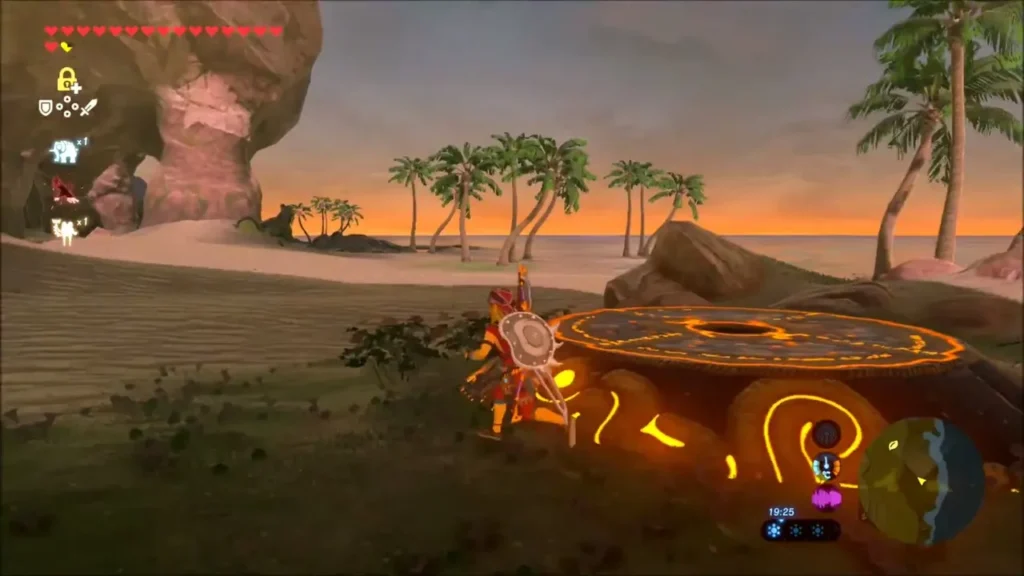 Link standing beside the glowing Sheikah pedestal on Puffer Beach at sunset Link standing beside the glowing Sheikah pedestal on Puffer Beach at sunset