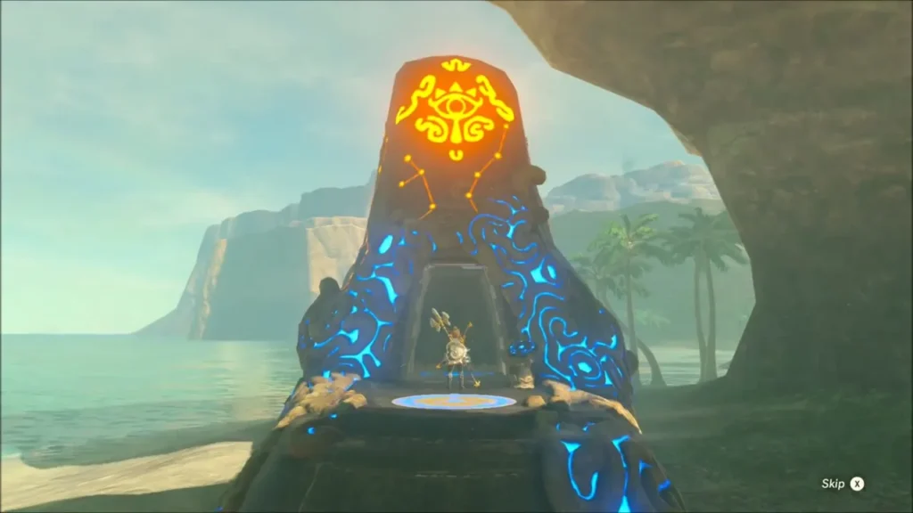 Shoqa Tatone Shrine glowing blue with Link at its entrance Shoqa Tatone Shrine glowing blue with Link at its entrance