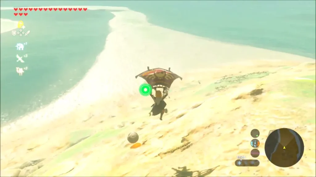 Link gliding over the shore toward the ancient orb on the sand Link gliding over the shore toward the ancient orb on the sand