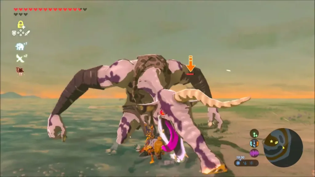 Link fighting a large Moblin along the spiral at dusk Link fighting a large Moblin along the spiral at dusk
