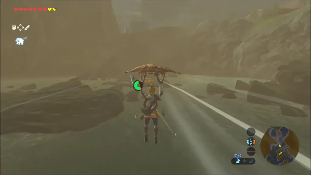 Link gliding across the lagoon with the wind toward the shrine Link gliding across the lagoon with the wind toward the shrine