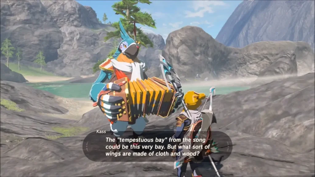 Kass beside Link on the rocks wondering about wings of cloth and wood Kass beside Link on the rocks wondering about wings of cloth and wood