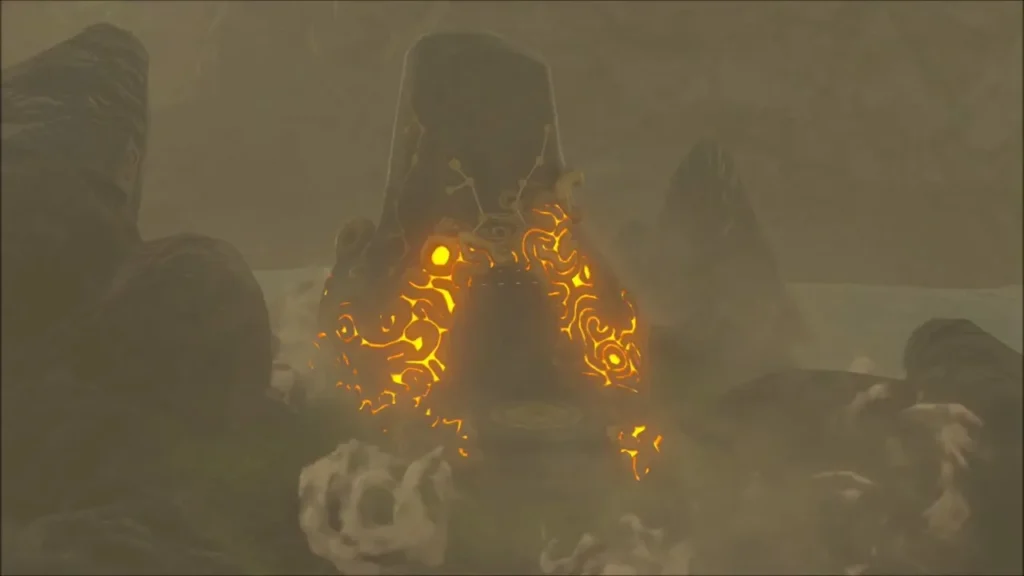 The glowing Sheikah shrine entrance on its platform in the lagoon The glowing Sheikah shrine entrance on its platform in the lagoon