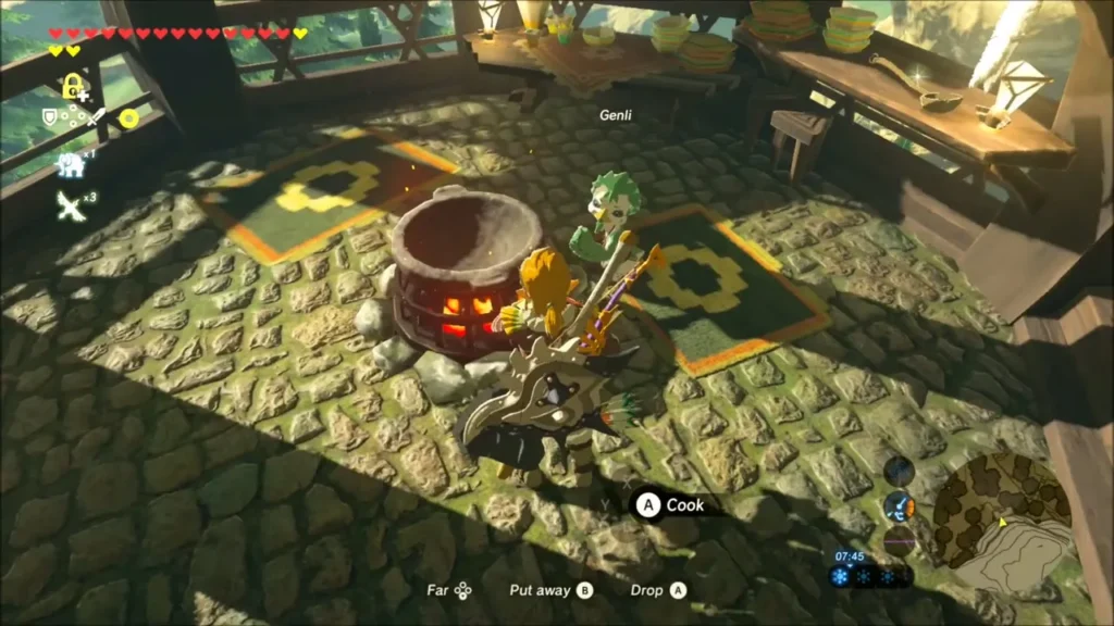Link at the village cooking pot with the Cook prompt showing Link at the village cooking pot with the Cook prompt showing