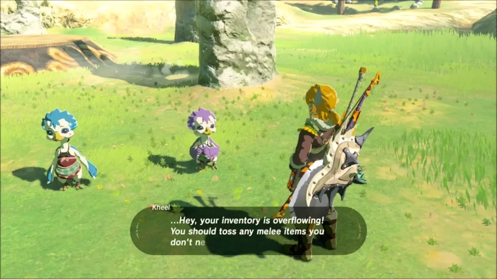 Kheel and two of the Korok sisters talking with Link in the meadow Kheel and two of the Korok sisters talking with Link in the meadow