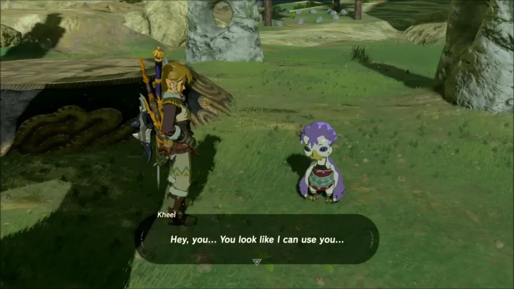 Kheel the small purple Rito asking Link for help at Warbler's Nest Kheel the small purple Rito asking Link for help at Warbler's Nest