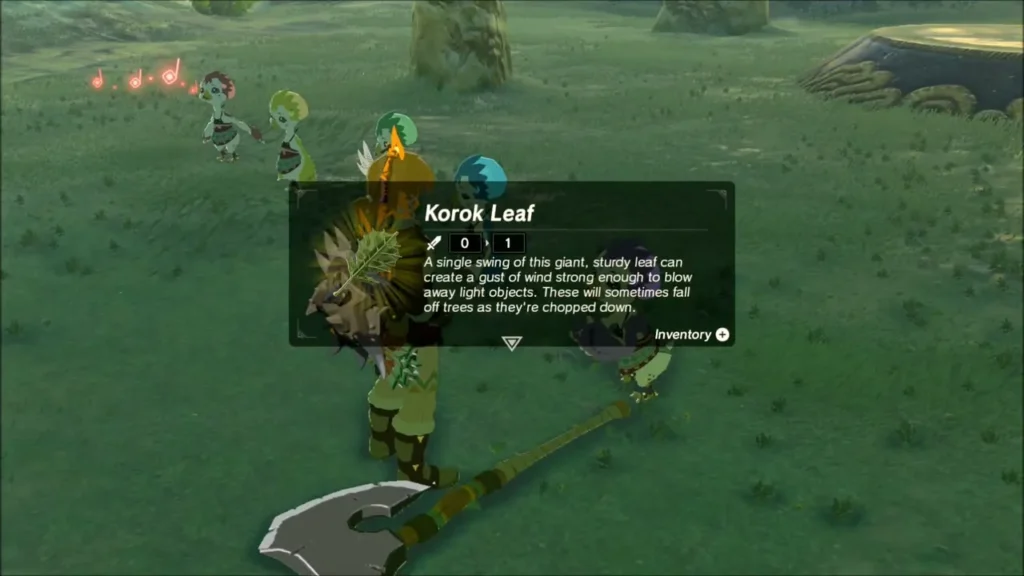Link receiving the Korok Leaf from Kheel, with the sisters singing behind Link receiving the Korok Leaf from Kheel, with the sisters singing behind