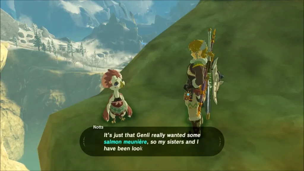 Notts the small red Rito talking with Link on a grassy ledge above the village Notts the small red Rito talking with Link on a grassy ledge above the village