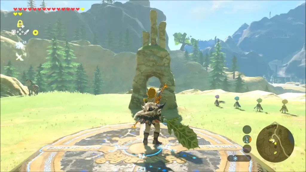 Link on the shrine pedestal holding the Korok Leaf facing a stone column with a hole Link on the shrine pedestal holding the Korok Leaf facing a stone column with a hole