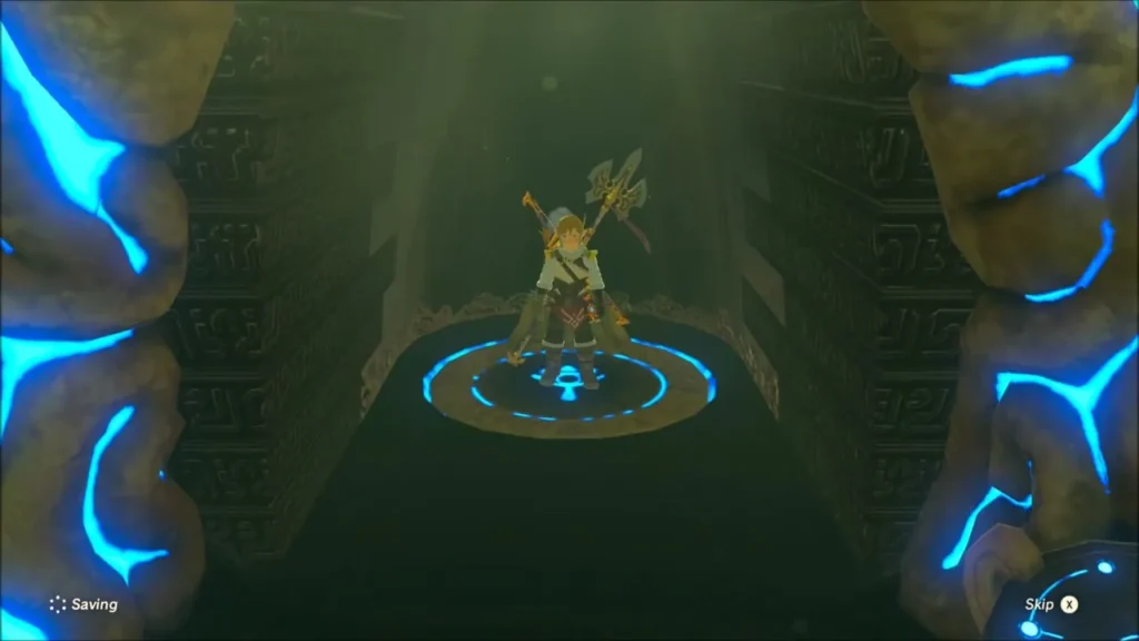 Link entering the shrine on a blue glowing platform Link entering the shrine on a blue glowing platform