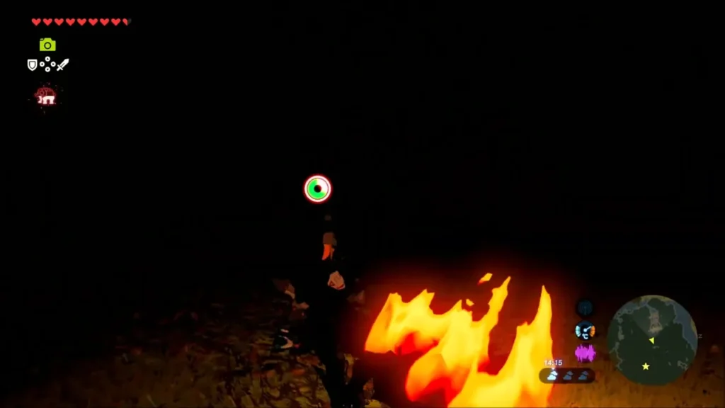 Link targeting an enemy in the dark beside a burning flame Link targeting an enemy in the dark beside a burning flame