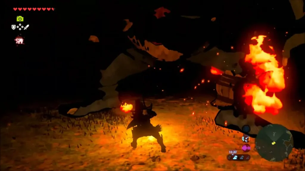 Link fighting the Hinox amid burning flames Link fighting the Hinox amid burning flames