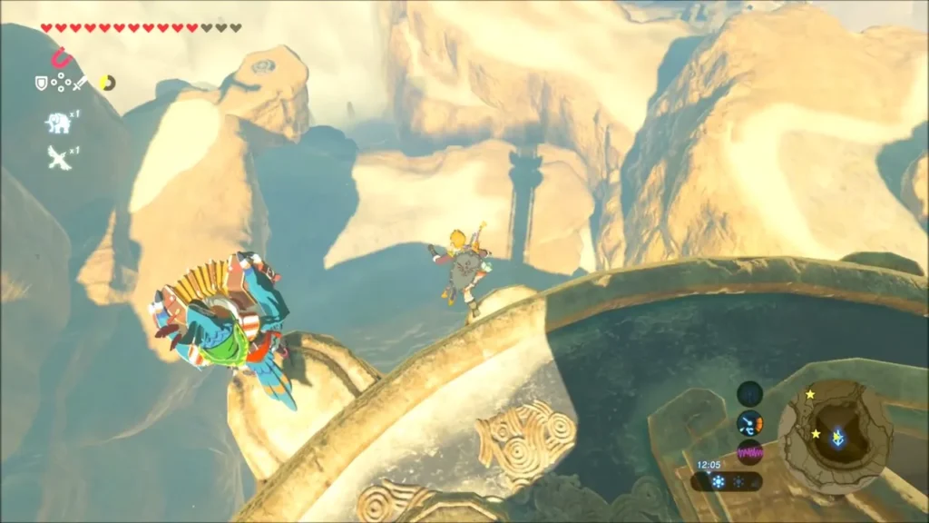 Link gliding down from the tower toward the rocky ledges Link gliding down from the tower toward the rocky ledges