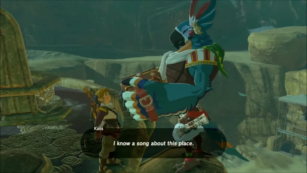 Kass the bard talking with Link on Gerudo Tower Kass the bard talking with Link on Gerudo Tower