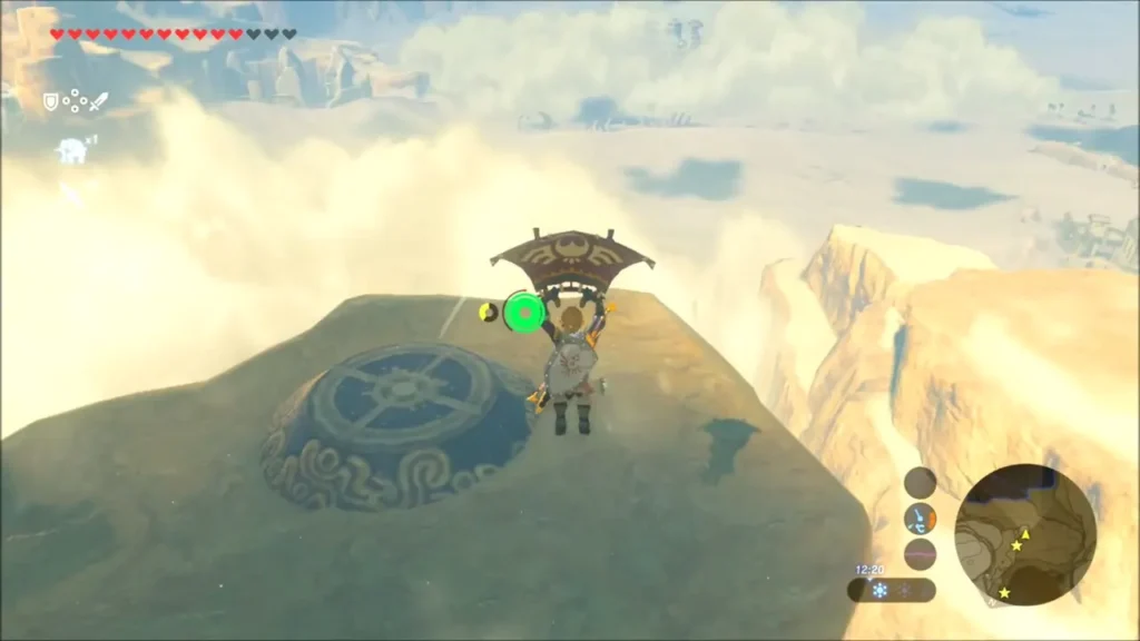 Link gliding in to land on the round Sheikah platform Link gliding in to land on the round Sheikah platform