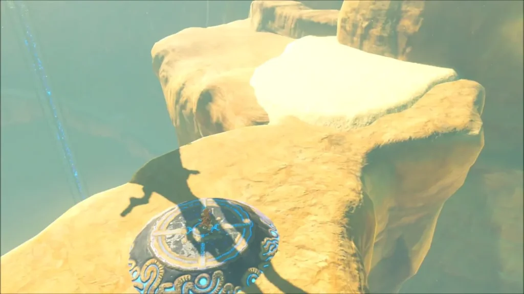 The Sheikah platform glowing blue under Link in the sunlight The Sheikah platform glowing blue under Link in the sunlight