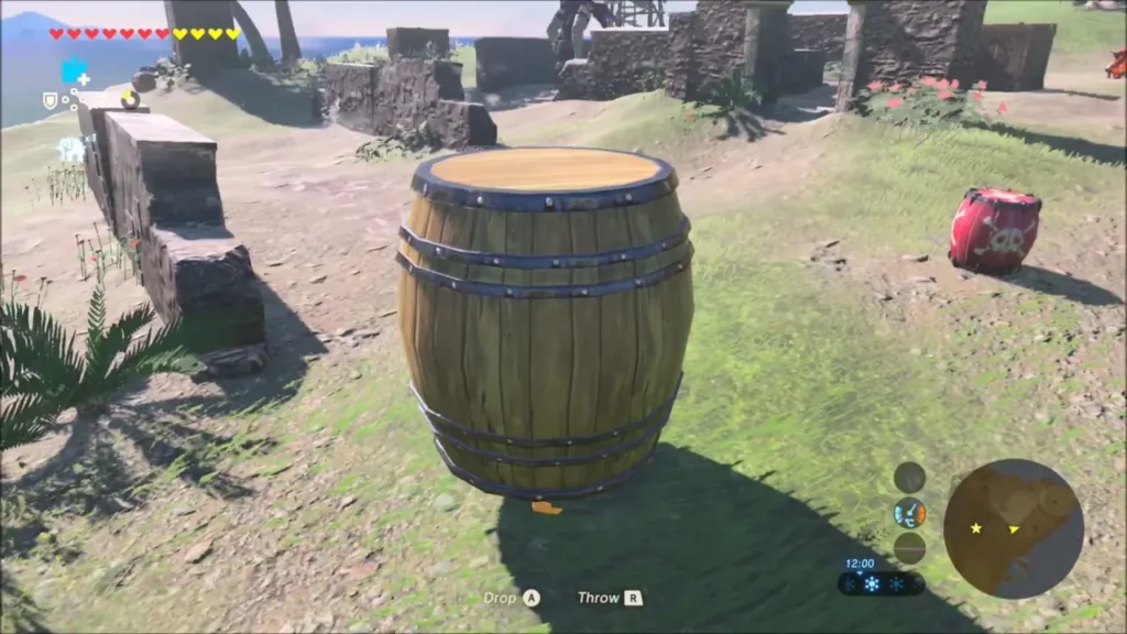 A wooden barrel Link carries on Koholit Rock near a red explosive barrel A wooden barrel Link carries on Koholit Rock near a red explosive barrel