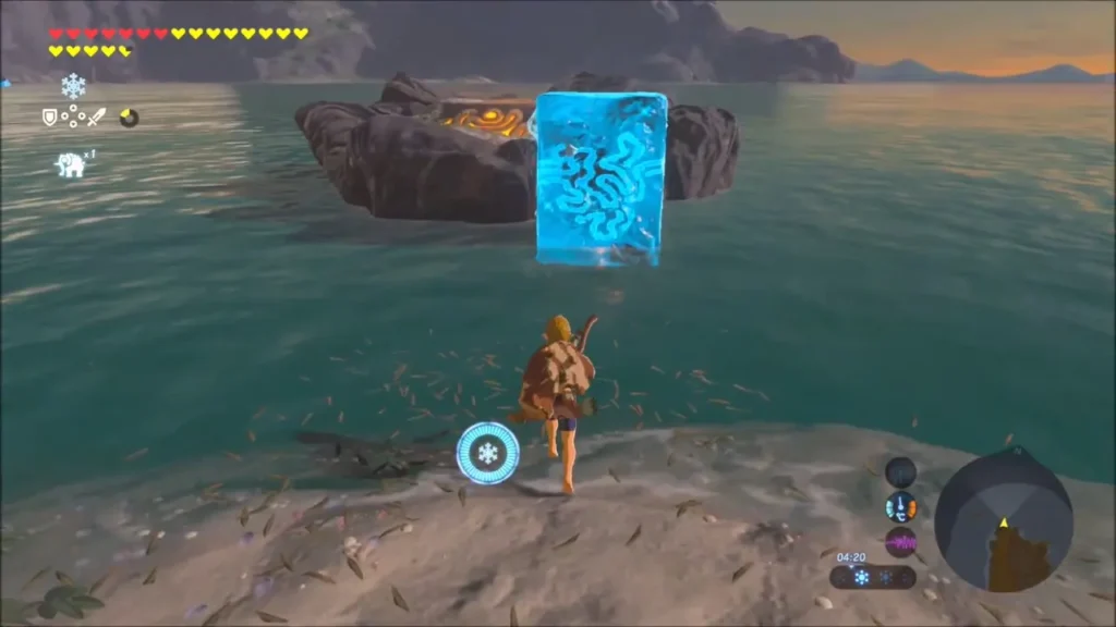 Link on the beach with a Cryonis ice block placed toward the pedestal island Link on the beach with a Cryonis ice block placed toward the pedestal island