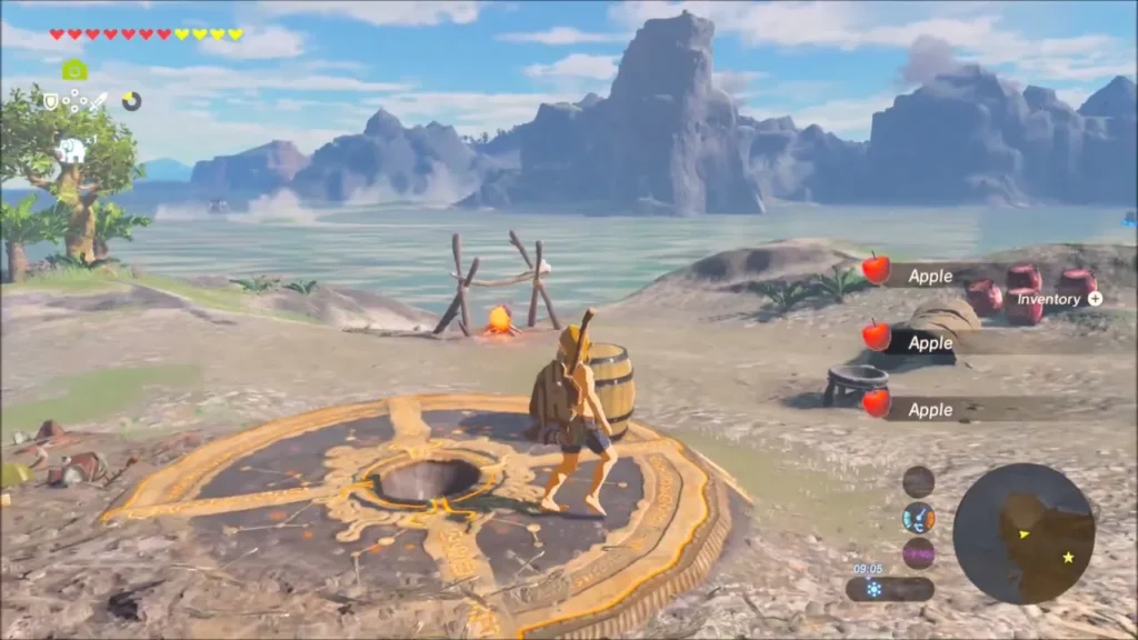 Link standing beside a barrel on the empty orb altar platform Link standing beside a barrel on the empty orb altar platform