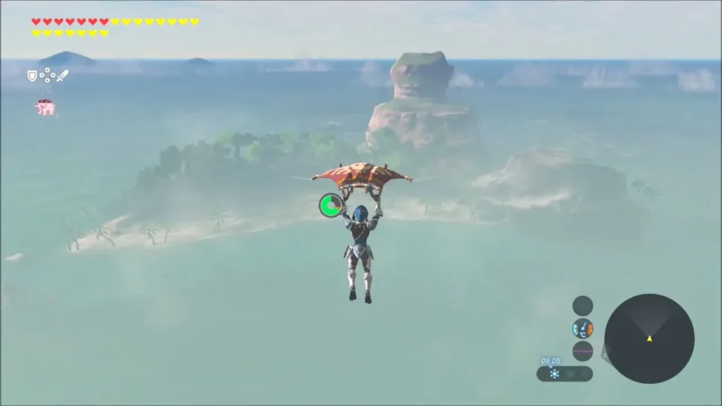 Link gliding closer to the palm-covered island and its rock tower Link gliding closer to the palm-covered island and its rock tower