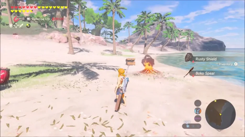 Link on the beach with a Rusty Shield and Boko Spear dropped near the campfire Link on the beach with a Rusty Shield and Boko Spear dropped near the campfire
