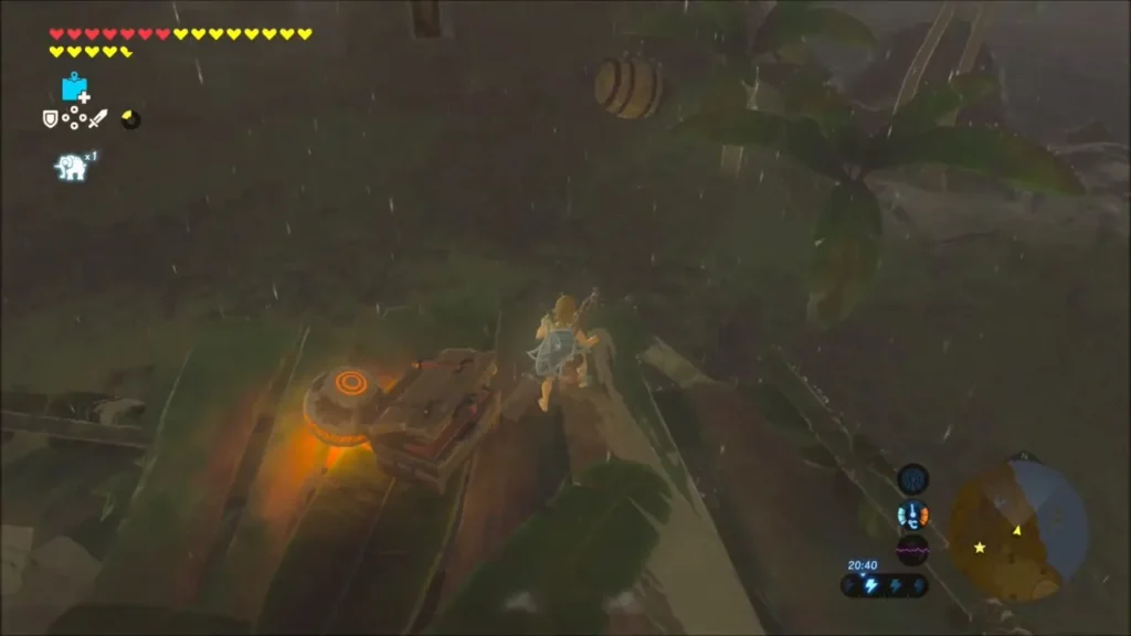 Link on the wooden platform with the glowing orb and a barrel beside it Link on the wooden platform with the glowing orb and a barrel beside it