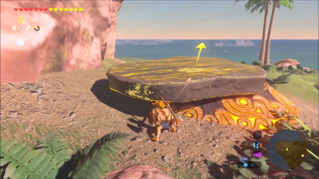 Link under the stone slab covering the pedestal, with a Stasis arrow marking it Link under the stone slab covering the pedestal, with a Stasis arrow marking it