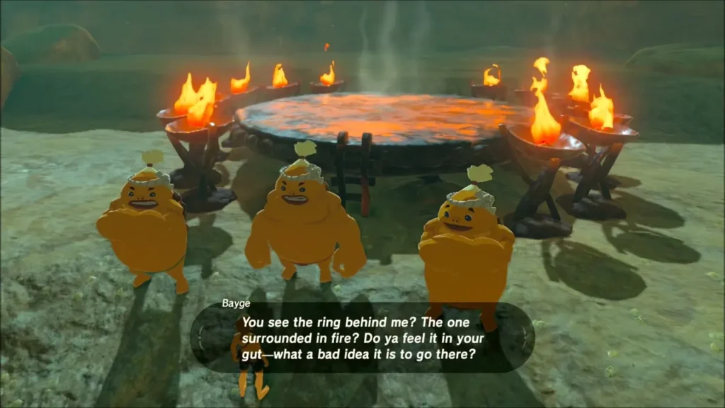Gorons in front of the ring surrounded by flaming braziers Gorons in front of the ring surrounded by flaming braziers