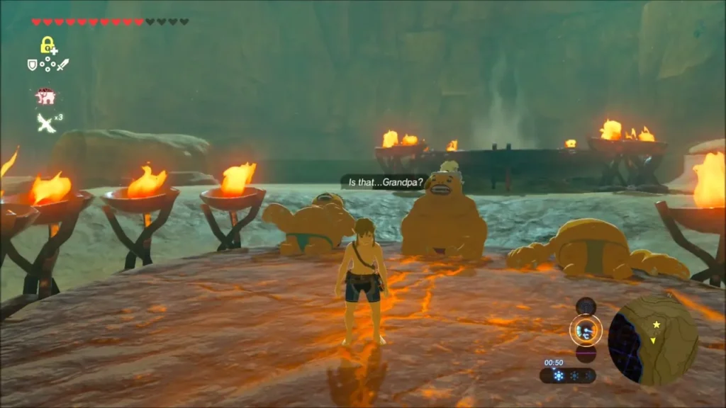 Link on the hot plate with the three Gorons collapsed beside him Link on the hot plate with the three Gorons collapsed beside him