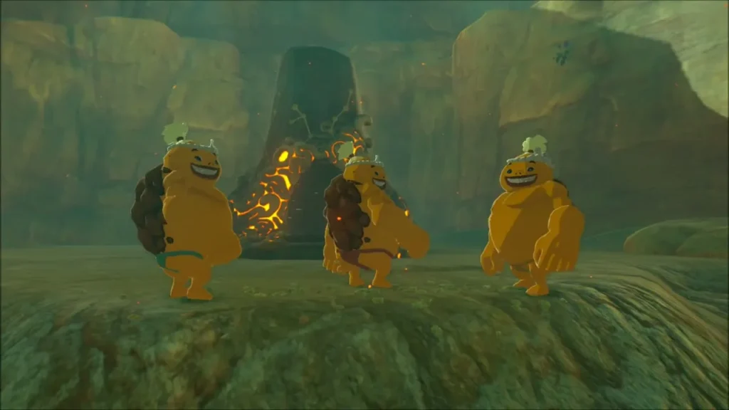 Gorons cheering in front of the newly risen shrine Gorons cheering in front of the newly risen shrine