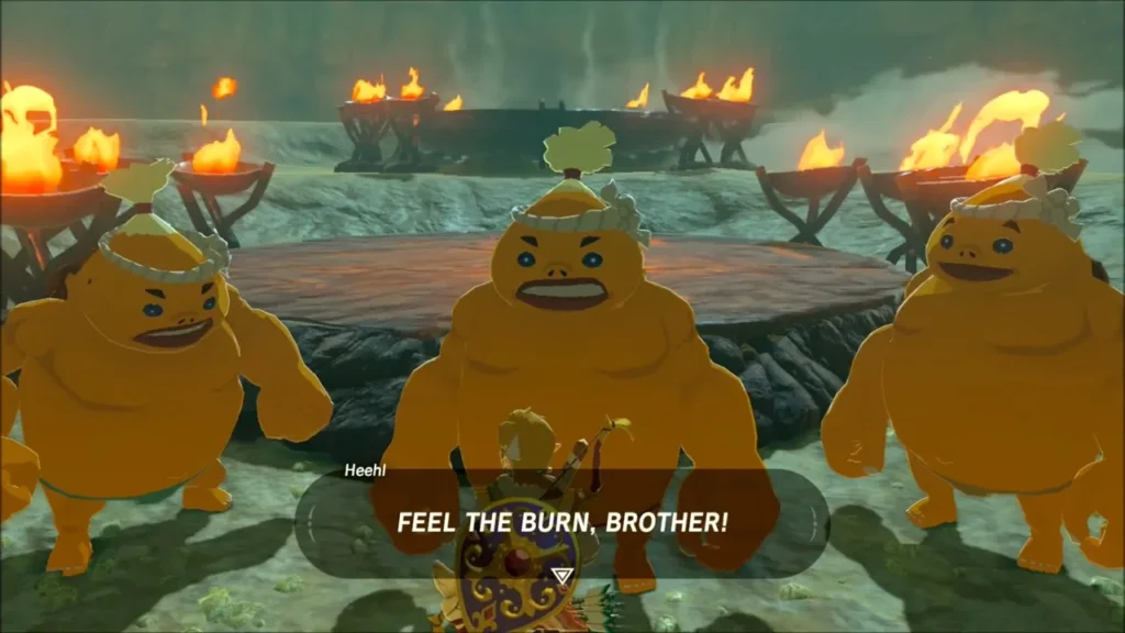 Three Gorons standing by the heated ring at the Test of Will Three Gorons standing by the heated ring at the Test of Will