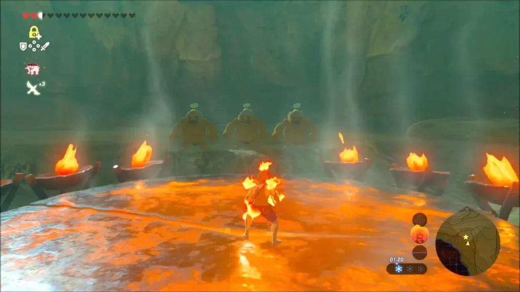 Link in flames on the hot plate with low hearts Link in flames on the hot plate with low hearts