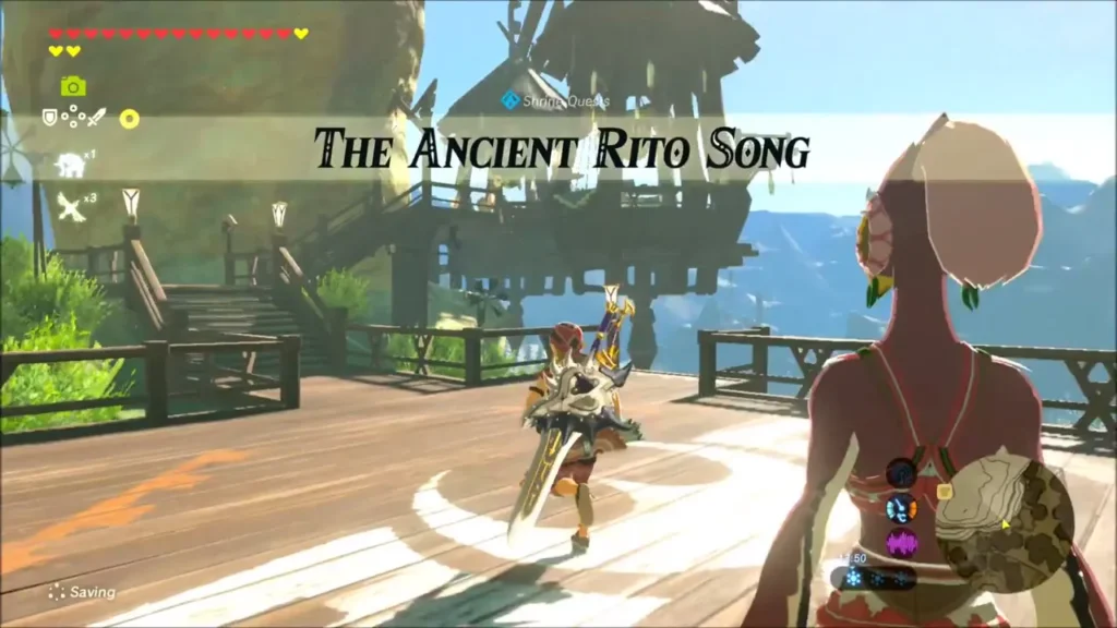 Quest title appearing as Link leaves Bedoli's platform in Rito Village Quest title appearing as Link leaves Bedoli's platform in Rito Village