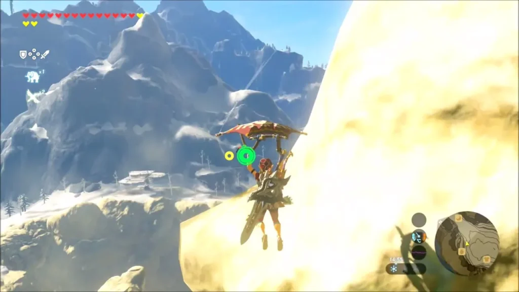 Link paragliding past a sunlit rock pillar away from Rito Village Link paragliding past a sunlit rock pillar away from Rito Village