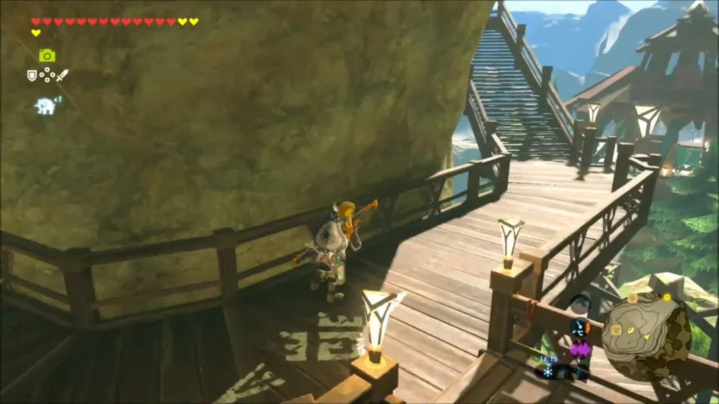 Link climbing the wooden walkway along the stairs in Rito Village Link climbing the wooden walkway along the stairs in Rito Village