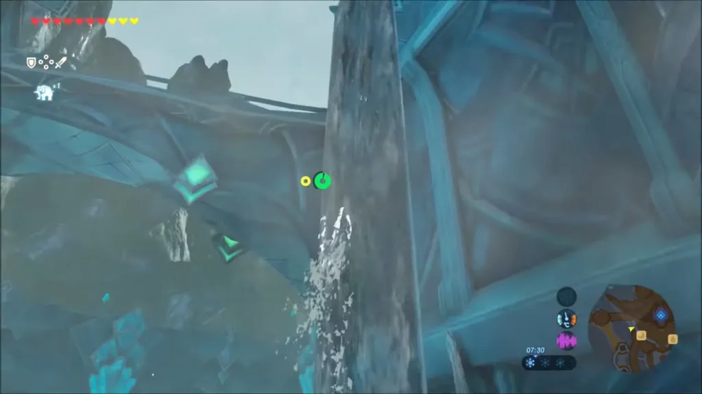 Link climbing a waterfall beside the bridge supports Link climbing a waterfall beside the bridge supports