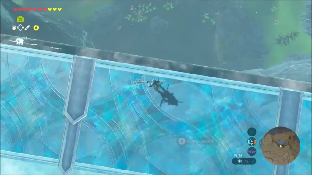Link gliding down above the frozen platform at Veiled Falls Link gliding down above the frozen platform at Veiled Falls