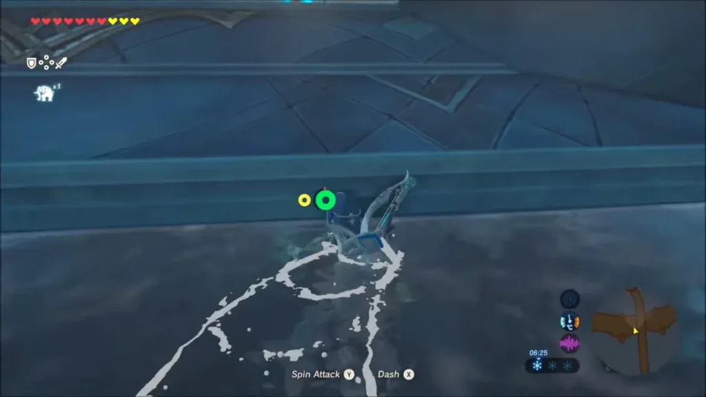 Link swimming in the water below the bridge in Zora armor Link swimming in the water below the bridge in Zora armor