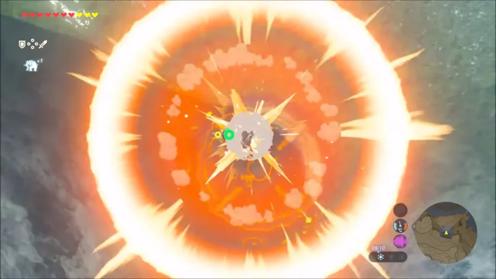 Link's trident strike sets off a bright orange burst on the platform Link's trident strike sets off a bright orange burst on the platform
