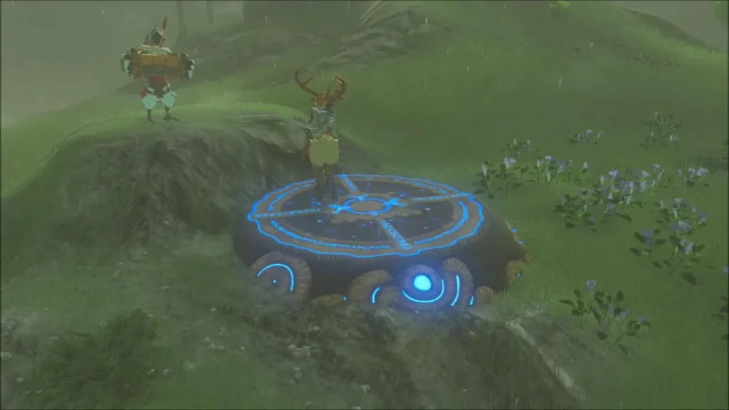 Link on the buck on the glowing blue pedestal with Kass nearby Link on the buck on the glowing blue pedestal with Kass nearby