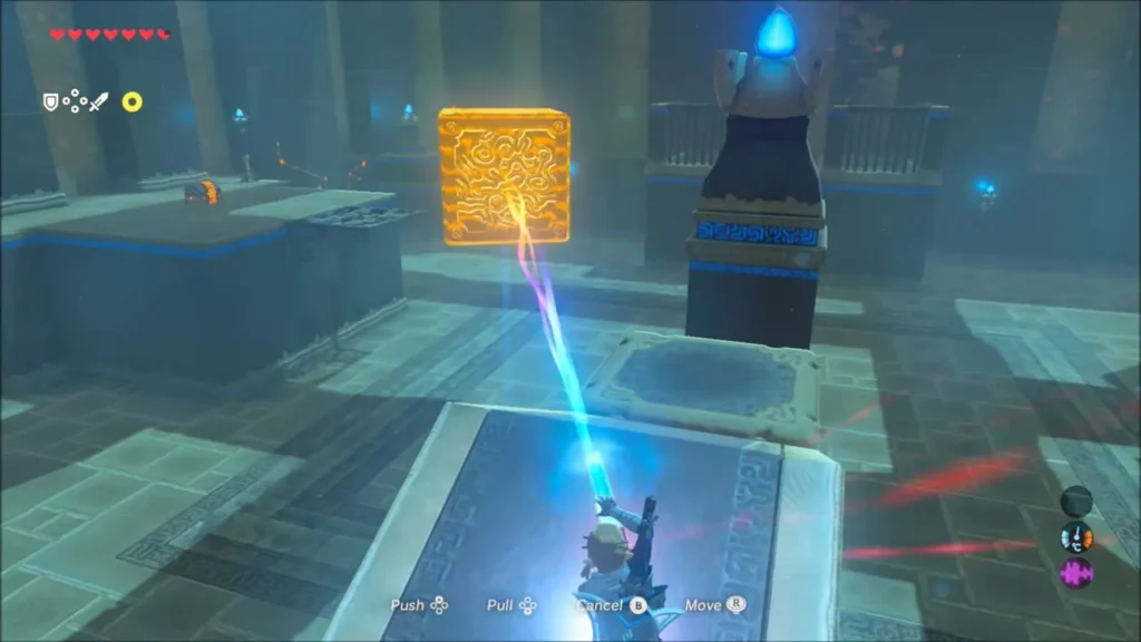 Link using Magnesis to lift a glowing metal block inside Mezza Lo Shrine Link using Magnesis to lift a glowing metal block inside Mezza Lo Shrine